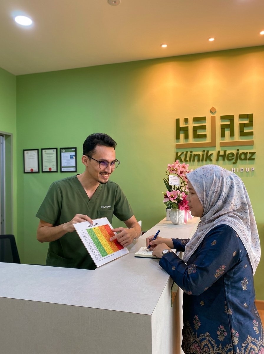 Doktor Klinik Hejaz menerangkan carta kesihatan kepada pesakit di kaunter